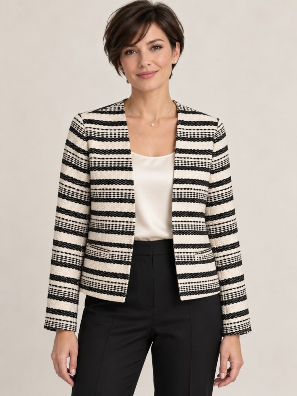 Halogen Black & Ivory Striped Tweed Collarless Jacket. Size Medium